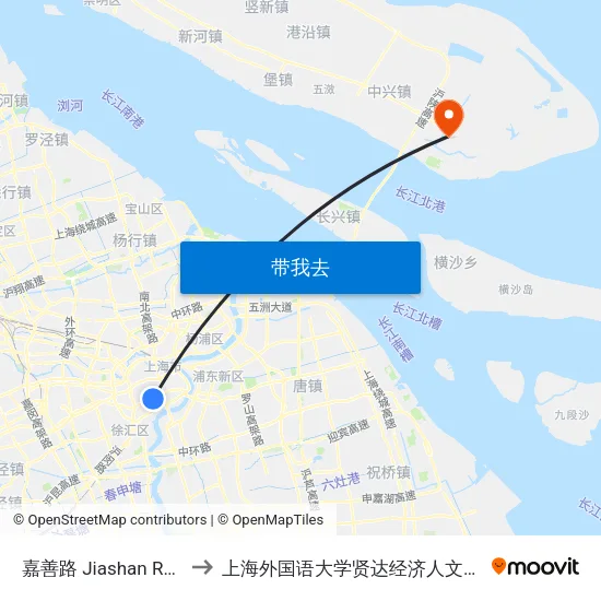 嘉善路 Jiashan Road to 上海外国语大学贤达经济人文学院 map