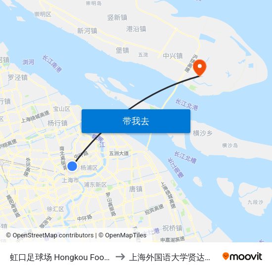 虹口足球场 Hongkou Football Stadium to 上海外国语大学贤达经济人文学院 map