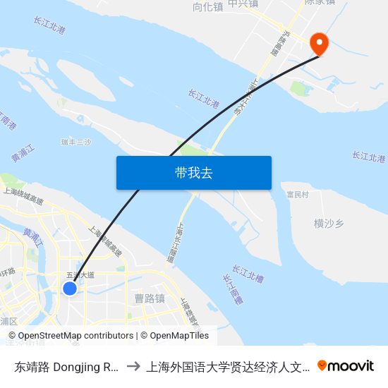 东靖路 Dongjing Road to 上海外国语大学贤达经济人文学院 map