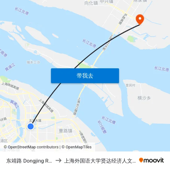 东靖路 Dongjing Road to 上海外国语大学贤达经济人文学院 map