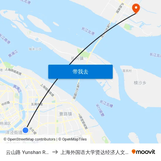 云山路 Yunshan Road to 上海外国语大学贤达经济人文学院 map