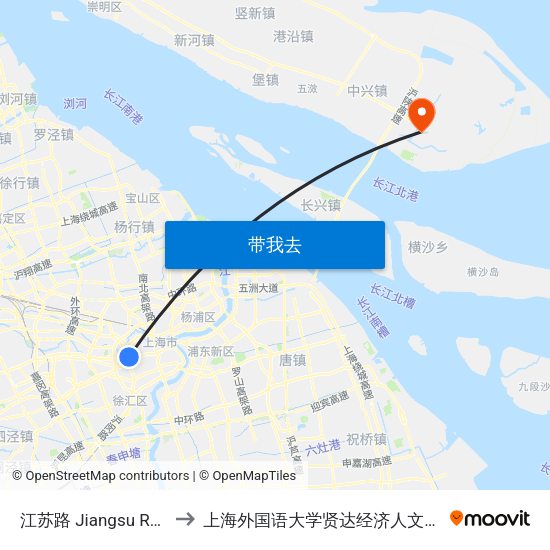江苏路 Jiangsu Road to 上海外国语大学贤达经济人文学院 map