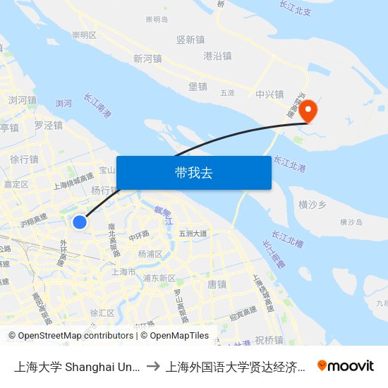 上海大学 Shanghai University to 上海外国语大学贤达经济人文学院 map