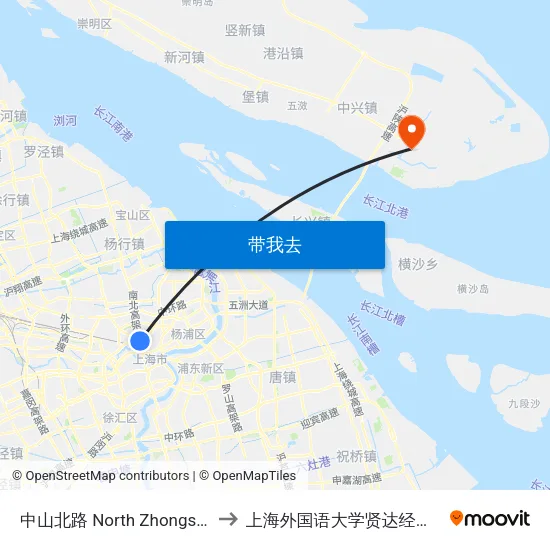 中山北路 North Zhongshan Road to 上海外国语大学贤达经济人文学院 map