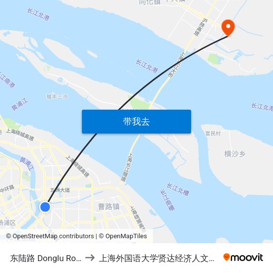 东陆路 Donglu Road to 上海外国语大学贤达经济人文学院 map
