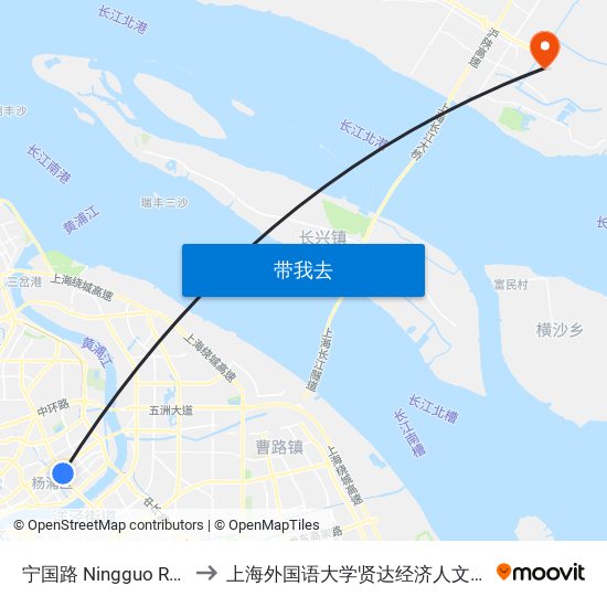 宁国路 Ningguo Road to 上海外国语大学贤达经济人文学院 map