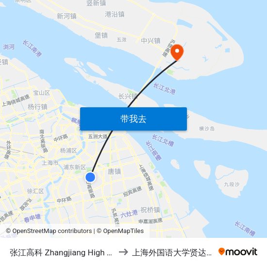 张江高科 Zhangjiang High Technology Park to 上海外国语大学贤达经济人文学院 map