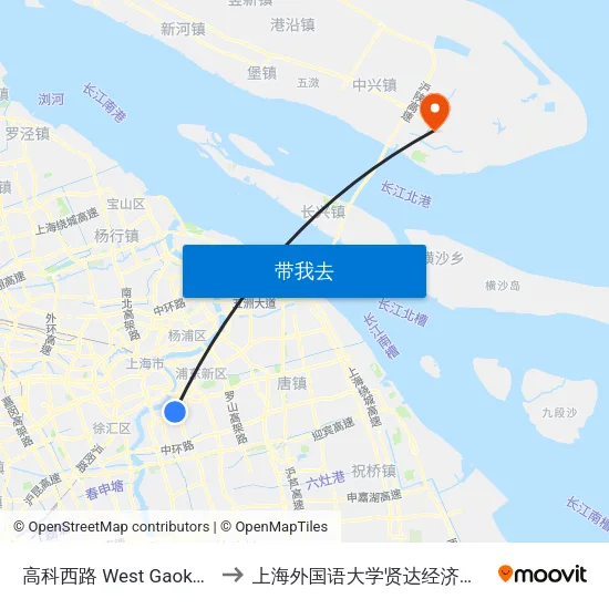 高科西路 West Gaoke Road to 上海外国语大学贤达经济人文学院 map