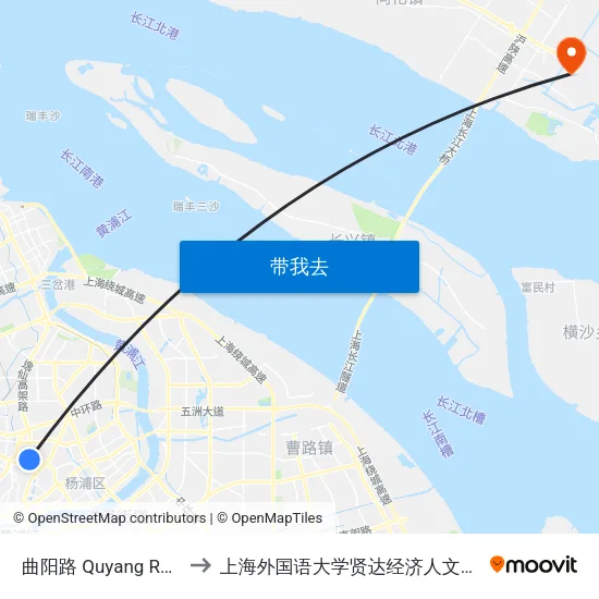 曲阳路 Quyang Road to 上海外国语大学贤达经济人文学院 map