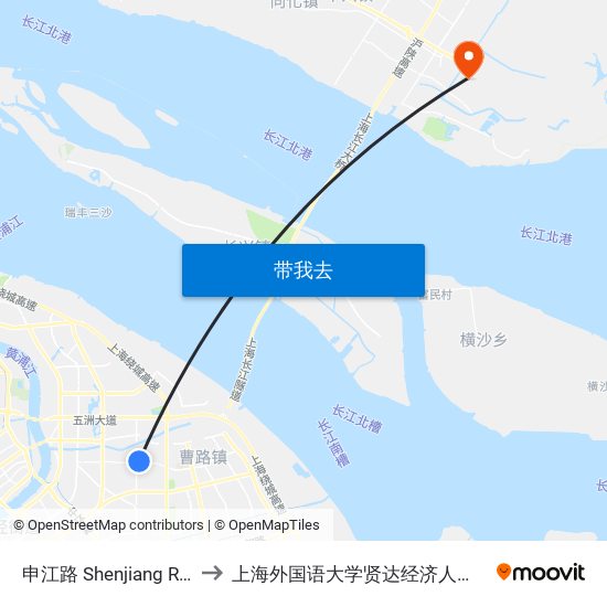 申江路 Shenjiang Road to 上海外国语大学贤达经济人文学院 map