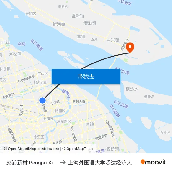 彭浦新村 Pengpu Xincun to 上海外国语大学贤达经济人文学院 map