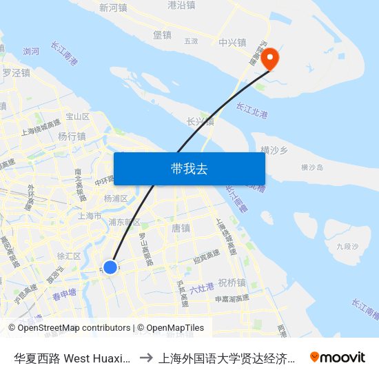 华夏西路 West Huaxia Road to 上海外国语大学贤达经济人文学院 map