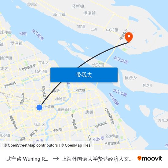 武宁路 Wuning Road to 上海外国语大学贤达经济人文学院 map