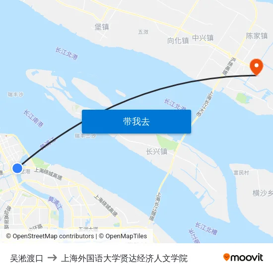 吴淞渡口 to 上海外国语大学贤达经济人文学院 map