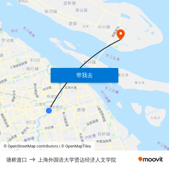 塘桥渡口 to 上海外国语大学贤达经济人文学院 map