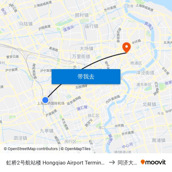 虹桥2号航站楼 Hongqiao Airport Terminal 2 to 同济大学 map