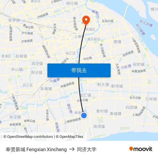 奉贤新城 Fengxian Xincheng to 同济大学 map