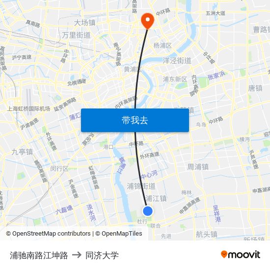 浦驰南路江坤路 to 同济大学 map