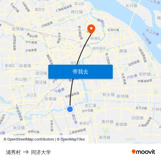 浦秀村 to 同济大学 map