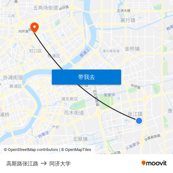 高斯路张江路 to 同济大学 map