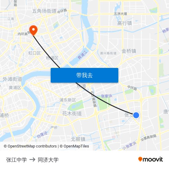 张江中学 to 同济大学 map