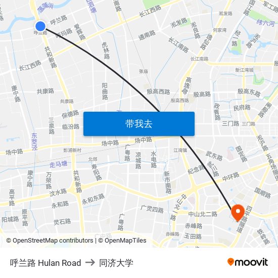 呼兰路 Hulan Road to 同济大学 map