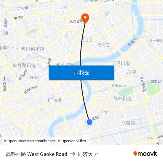 高科西路 West Gaoke Road to 同济大学 map