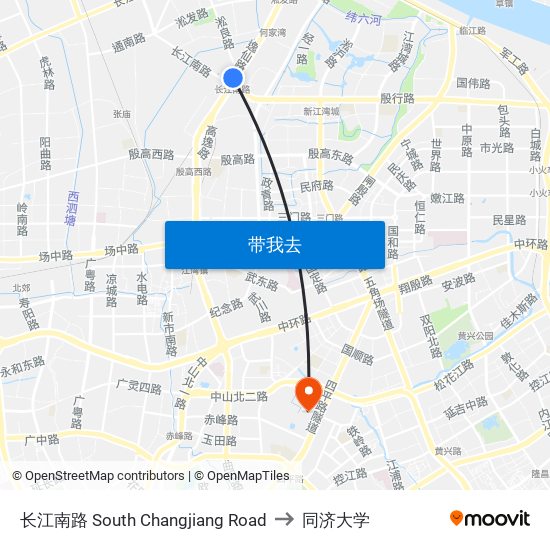 长江南路 South Changjiang Road to 同济大学 map