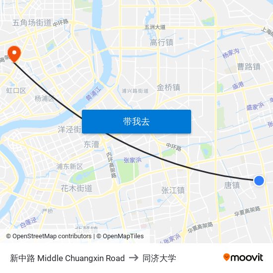 新中路 Middle Chuangxin Road to 同济大学 map