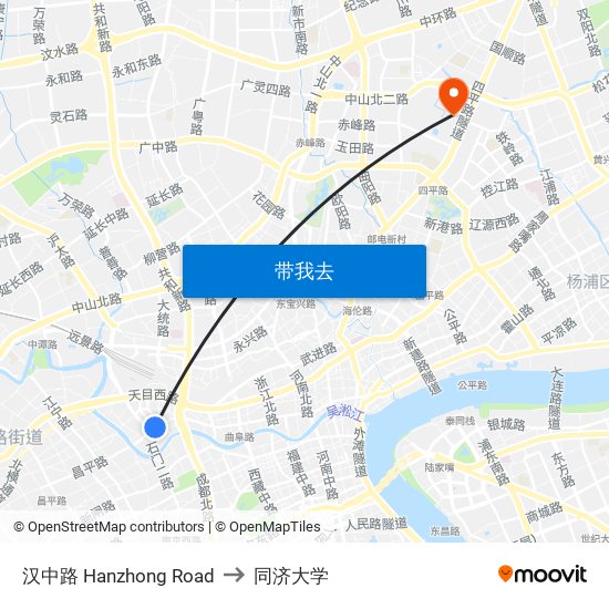汉中路 Hanzhong Road to 同济大学 map