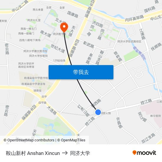 鞍山新村 Anshan Xincun to 同济大学 map