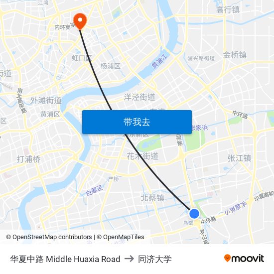 华夏中路 Middle Huaxia Road to 同济大学 map