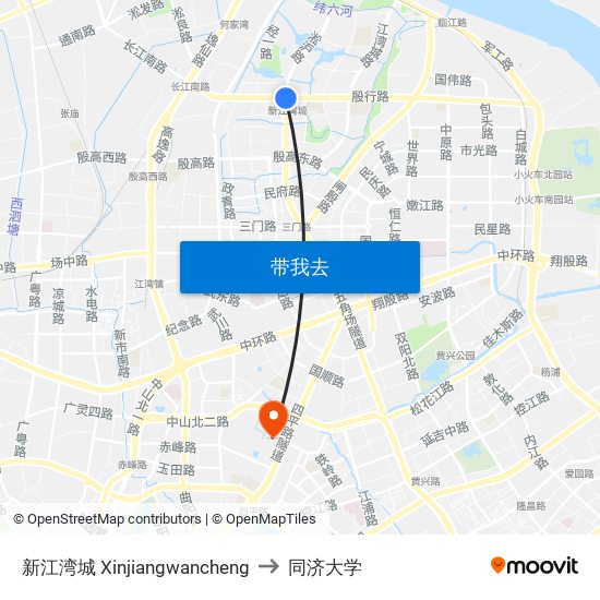 新江湾城 Xinjiangwancheng to 同济大学 map