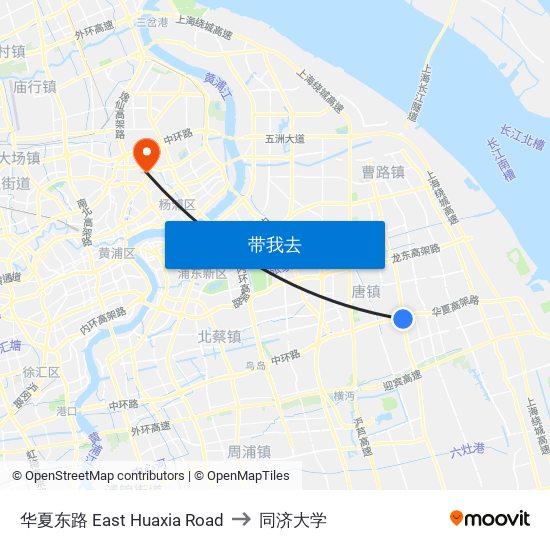 华夏东路 East Huaxia Road to 同济大学 map