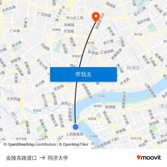 金陵东路渡口 to 同济大学 map