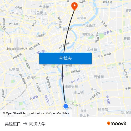 吴泾渡口 to 同济大学 map
