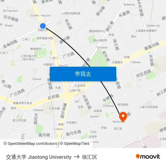 交通大学 Jiaotong University to 徐汇区 map