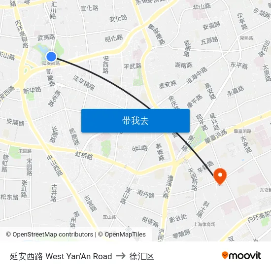 延安西路 West Yan'An Road to 徐汇区 map