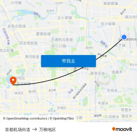 首都机场街道 to 万柳地区 map