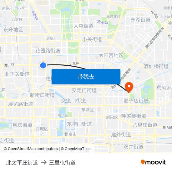 北太平庄街道 to 三里屯街道 map