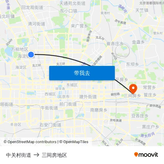 中关村街道 to 三间房地区 map