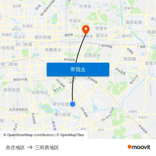 亦庄地区 to 三间房地区 map