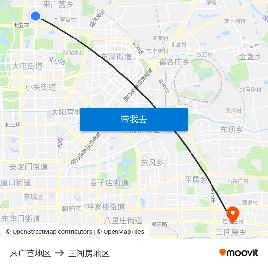 来广营地区 to 三间房地区 map