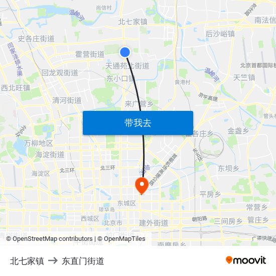 北七家镇 to 东直门街道 map