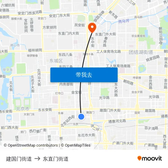 建国门街道 to 东直门街道 map