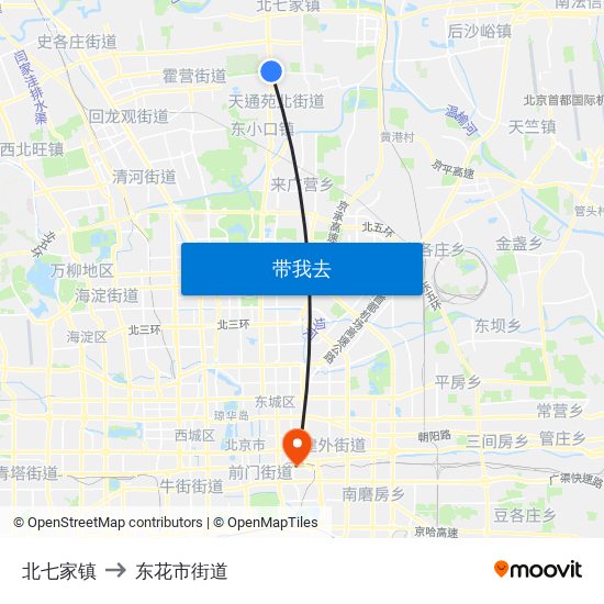 北七家镇 to 东花市街道 map