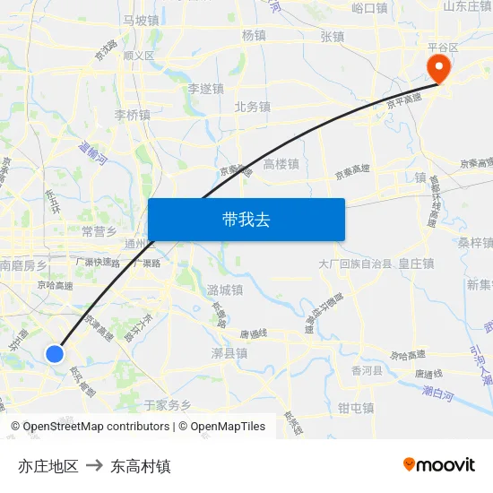 亦庄地区 to 东高村镇 map