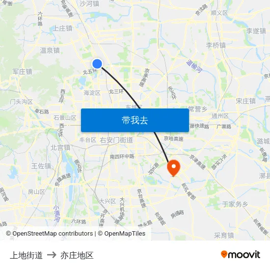 上地街道 to 亦庄地区 map