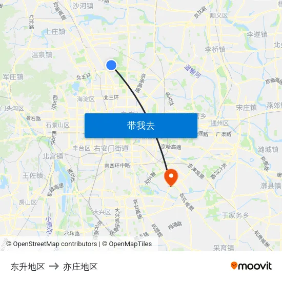 东升地区 to 亦庄地区 map
