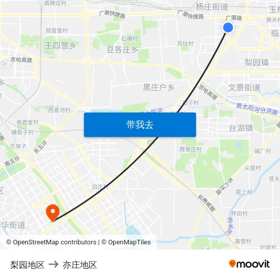 梨园地区 to 亦庄地区 map